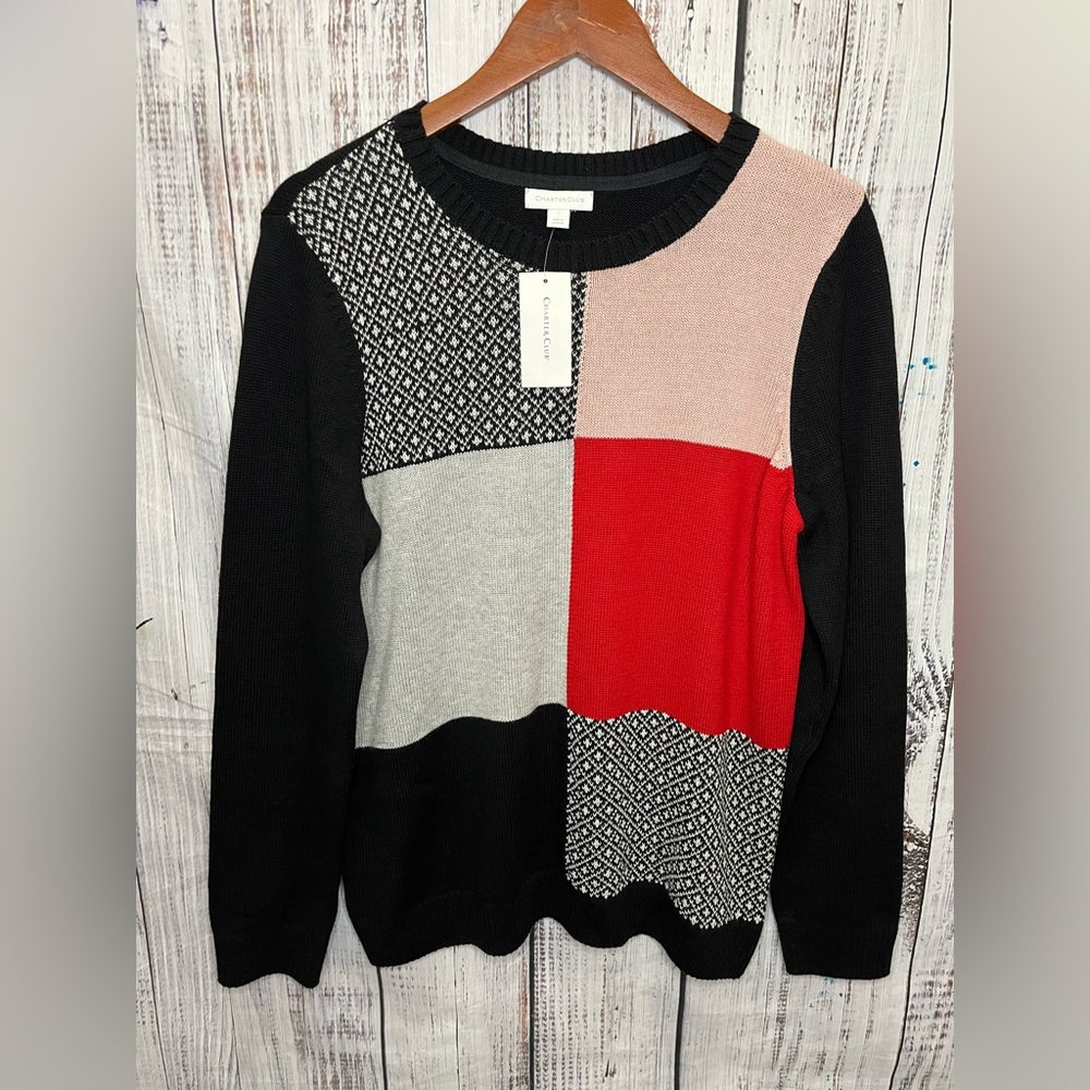 Charter Club Womens Colorblock Sweater Size L Round Neck Long Sleeve Cotton